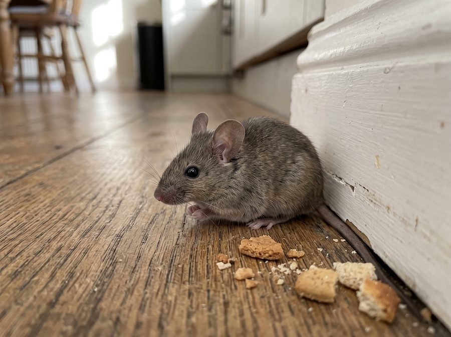 House mouse near a kitchen skirting board in a Melbourne home