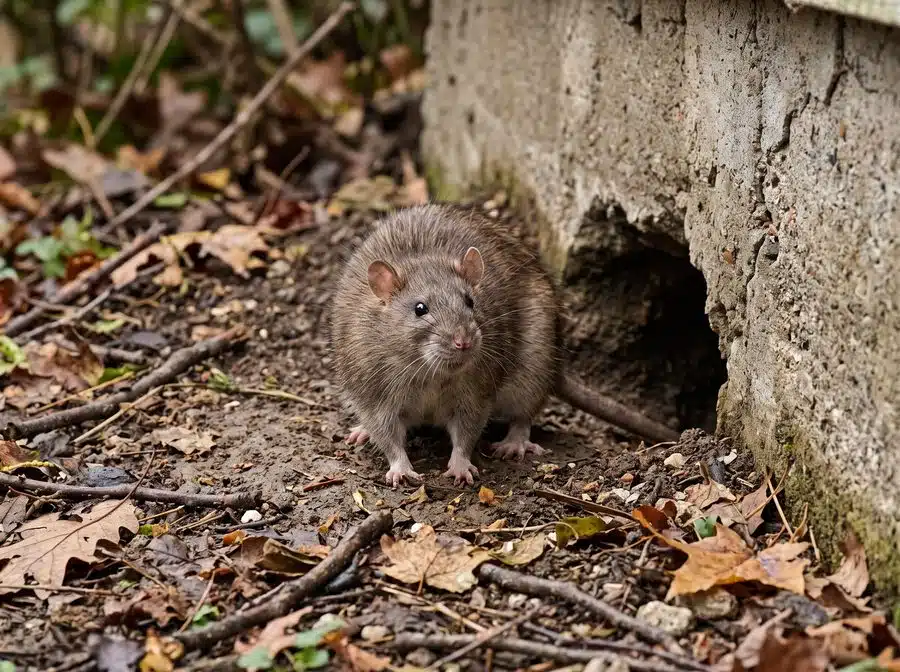 Norway rat beside a burrow near a Melbourne house foundation