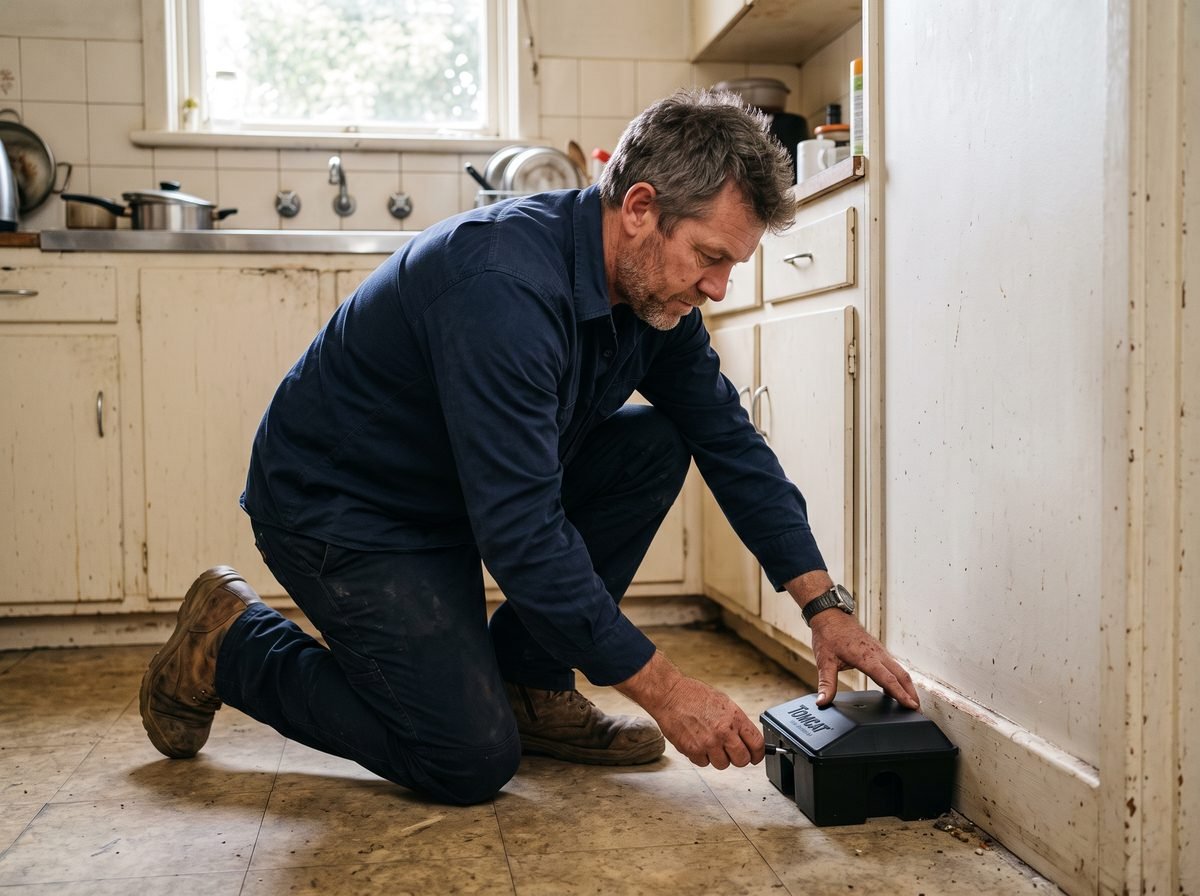 Tamper resistant rodent bait station placed along a kitchen skirting board