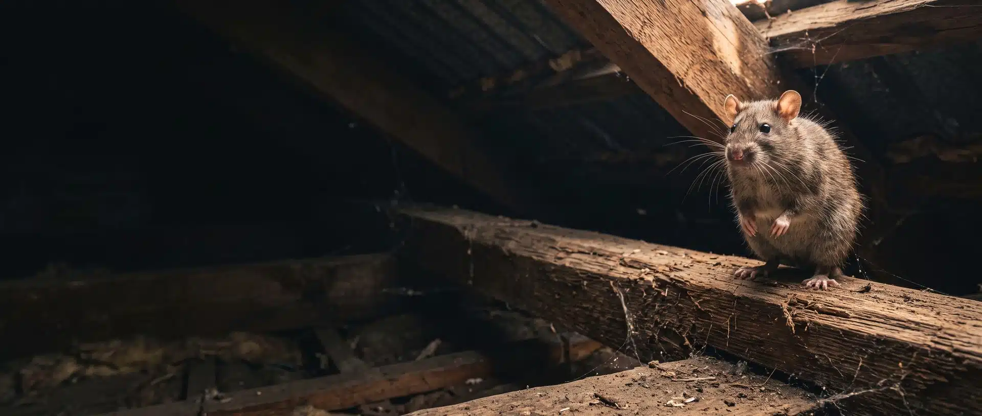 Rat standing on a timber roof beam inside a Melbourne attic