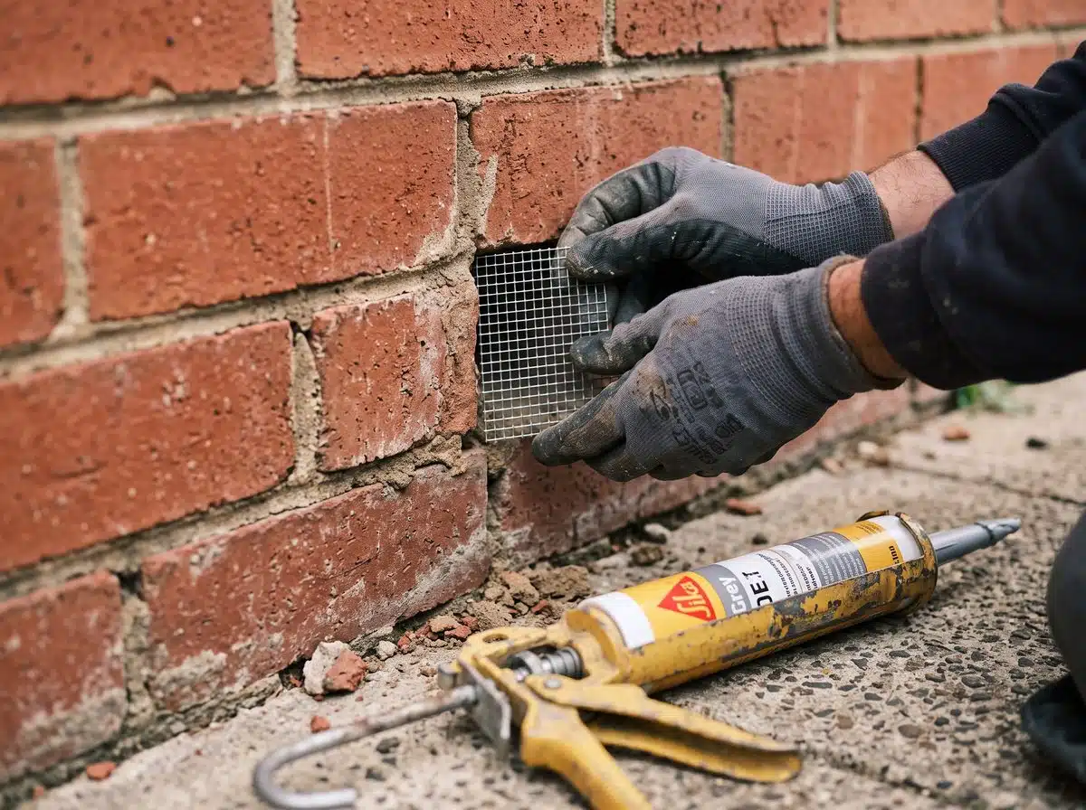Steel mesh being fitted over a brick weep hole to keep rodents out