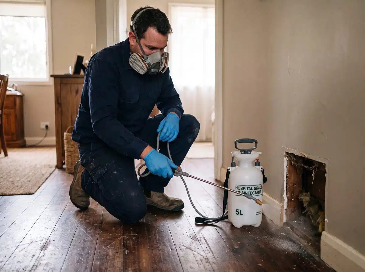 Technician sanitising an area after dead rodent removal