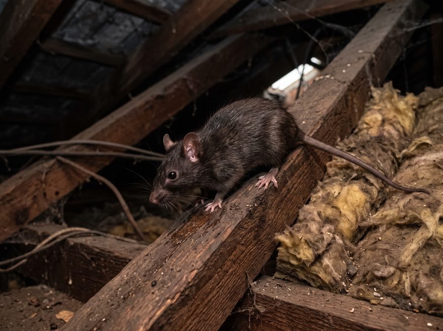 Roof rat climbing a timber beam inside a Melbourne roof void