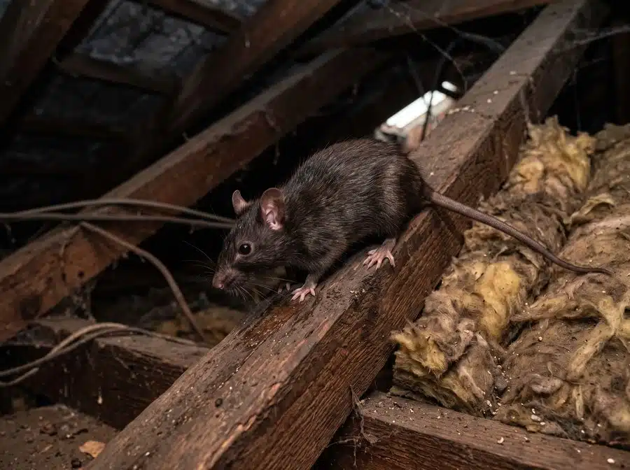 Roof rat climbing a timber beam inside a Melbourne roof void