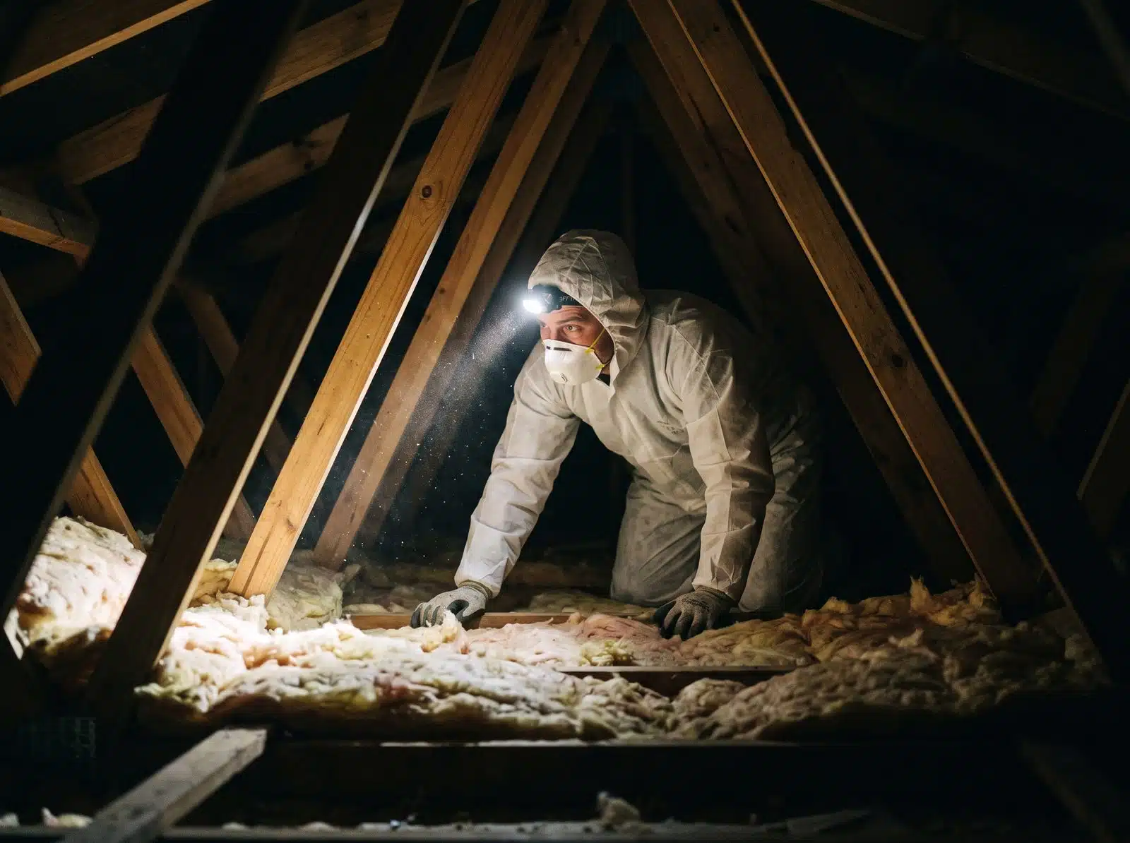 Technician inspecting a dark roof void with a torch